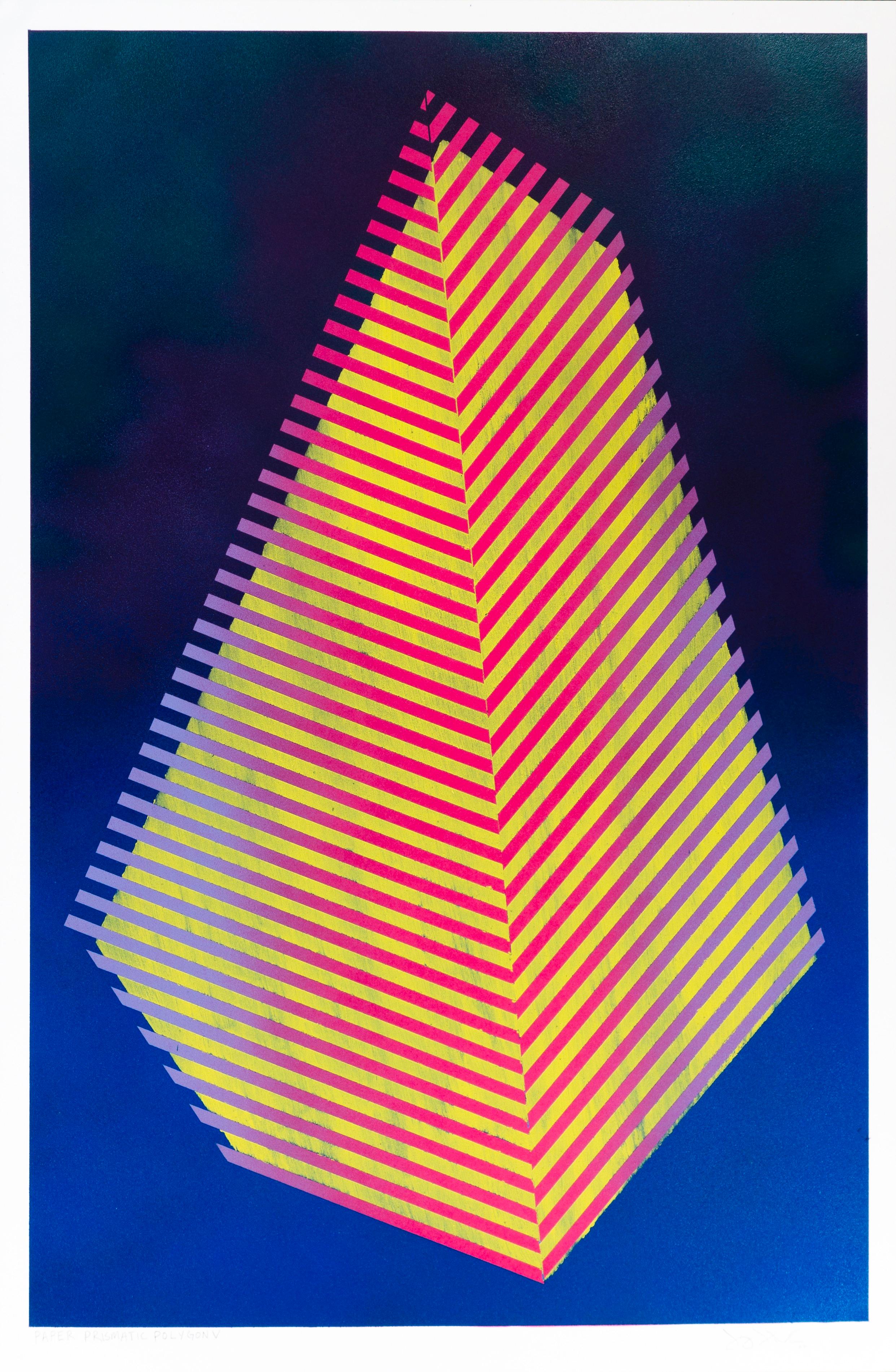 Polygone V prismatique : peinture géométrique abstraite ; motifs bleus, rouges, jaunes