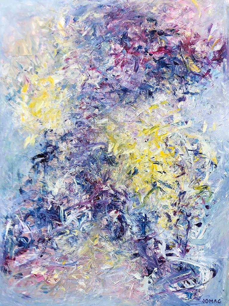 Joseph McAleer Abstract Painting - When Sunny Gets Blue: abstract expressionism painting in very peri, yellow, pink
