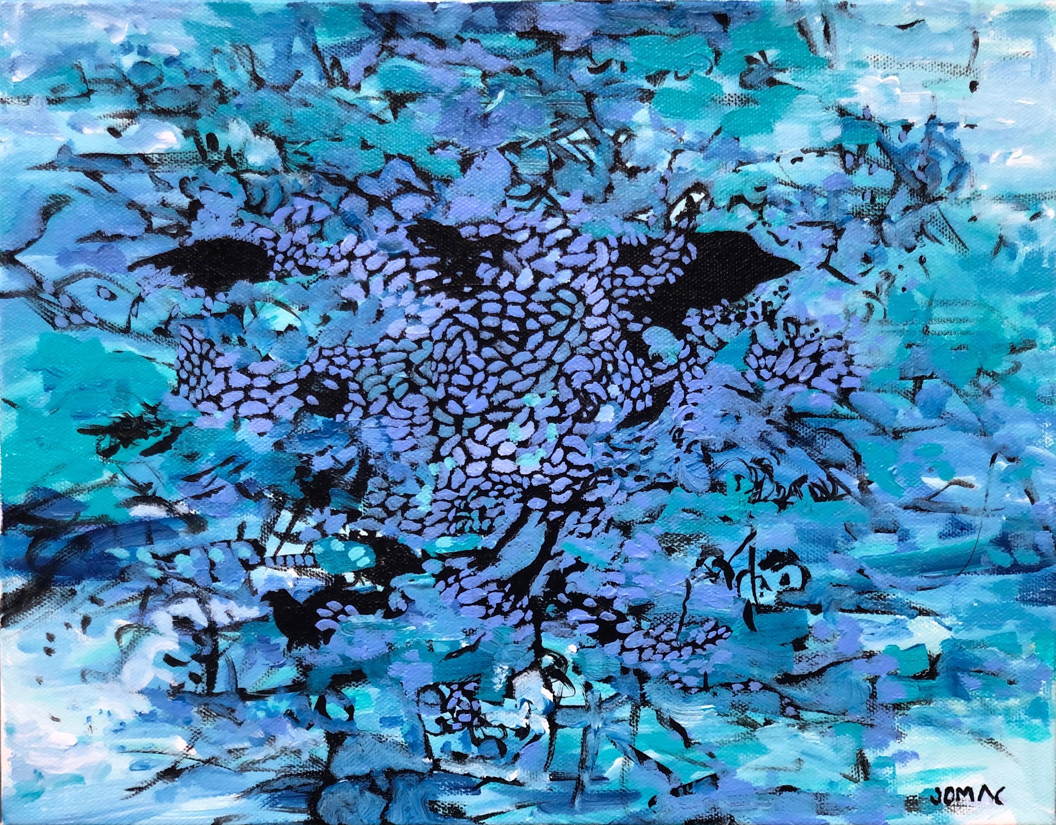 Blue Icarus: abstract painting w/ bird in blue, "veri peri", violet & black