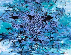 Blue Icarus: abstract painting w/ bird in blue, green, violet & black