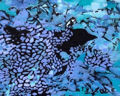 Blue Icarus: abstract painting w/ bird in blue, green, violet & black