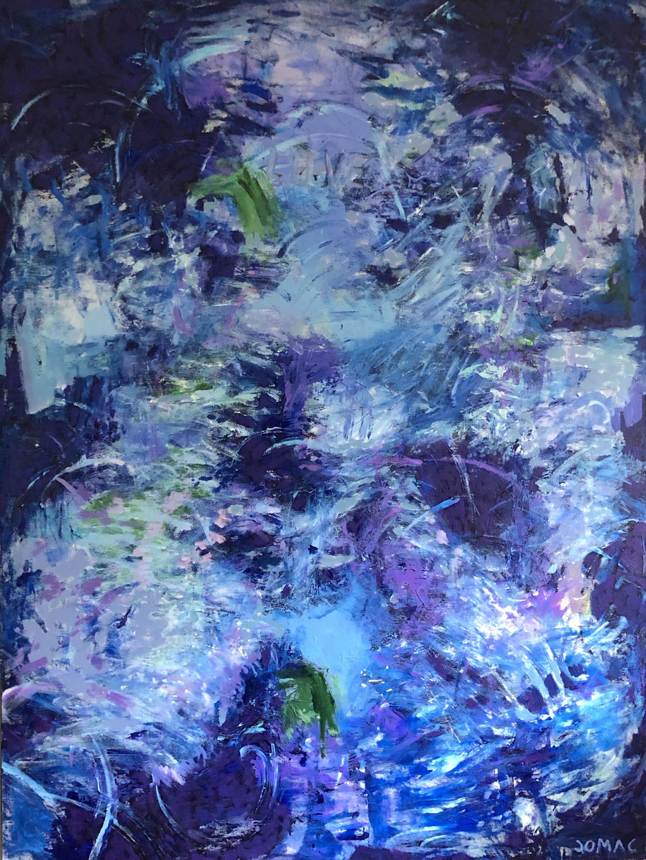 Kind of Blue: zeitgenössische abstrakte AbEx-Malerei in dunklen Blautönen mit Lila und Grün