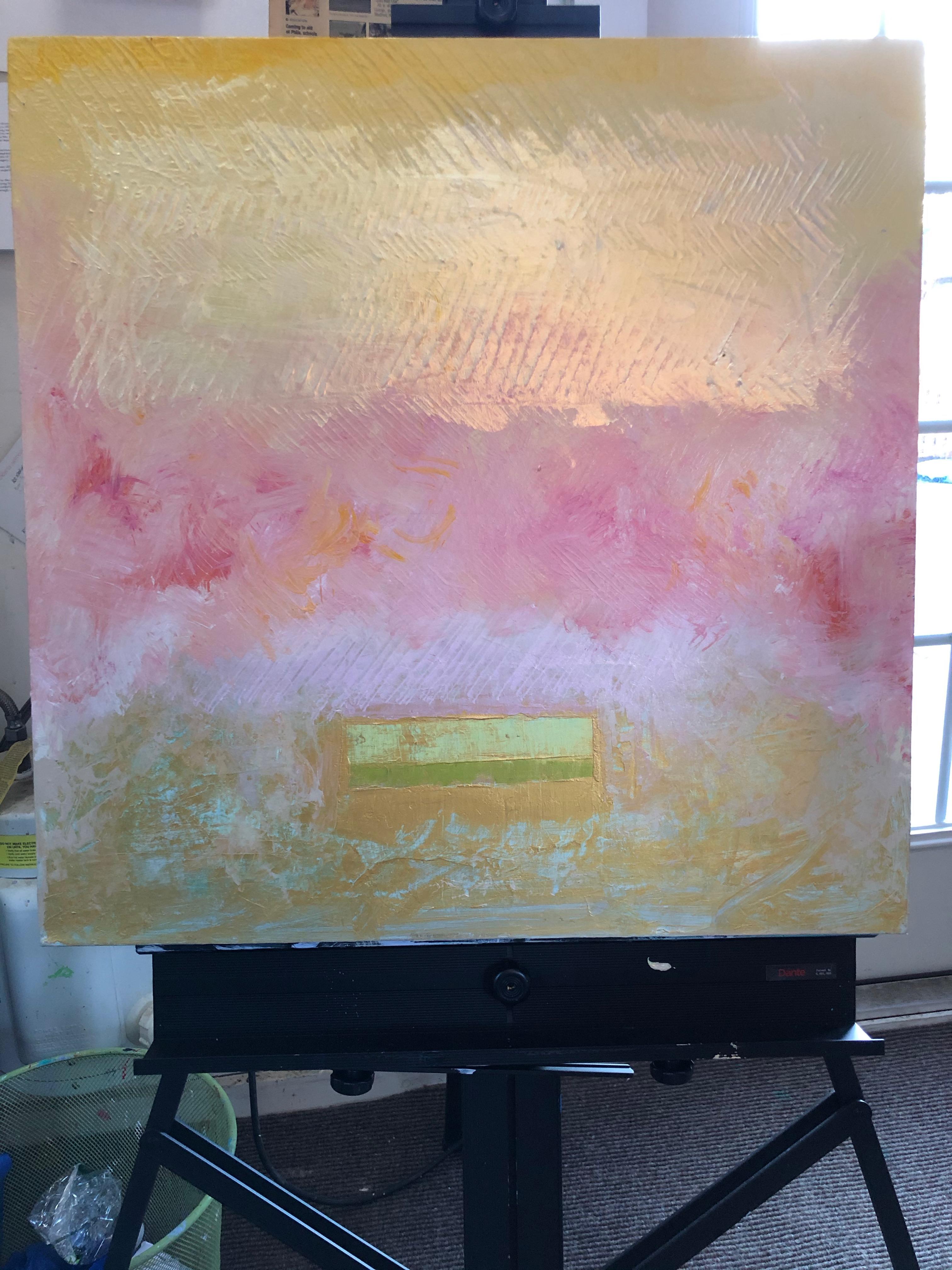 Il regalo: pittura astratta impressionista su tela con colori rosa e oro - Abstract Painting Beige di Joseph McAleer