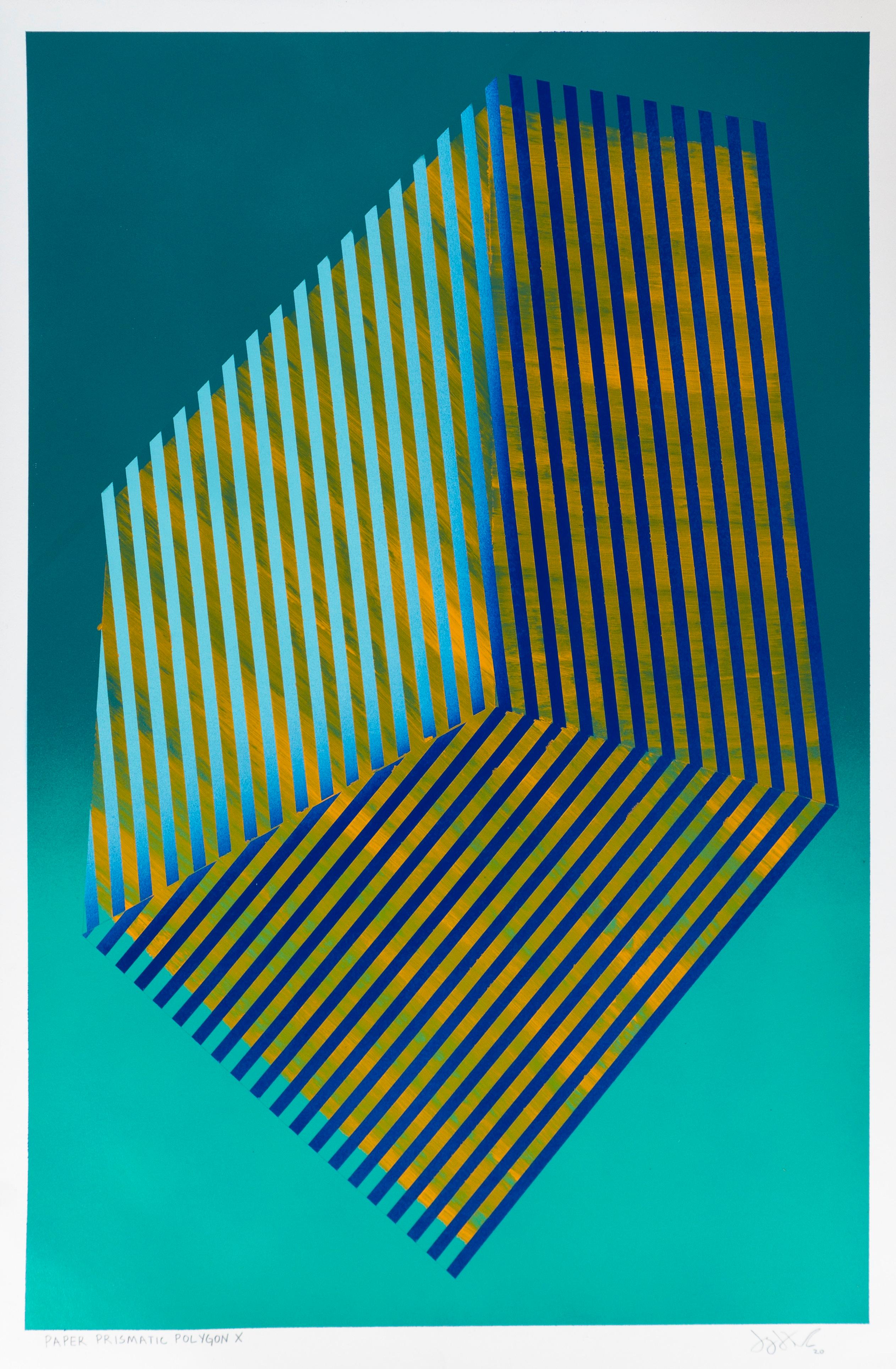 Jay Walker Figurative Painting - Prismatic Polygon X: geometric abstract painting in green, blue, & yellow lines