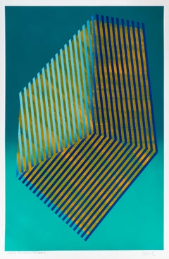 Prismatic Polygon X: geometric abstract painting in green, blue, 
yellow lines