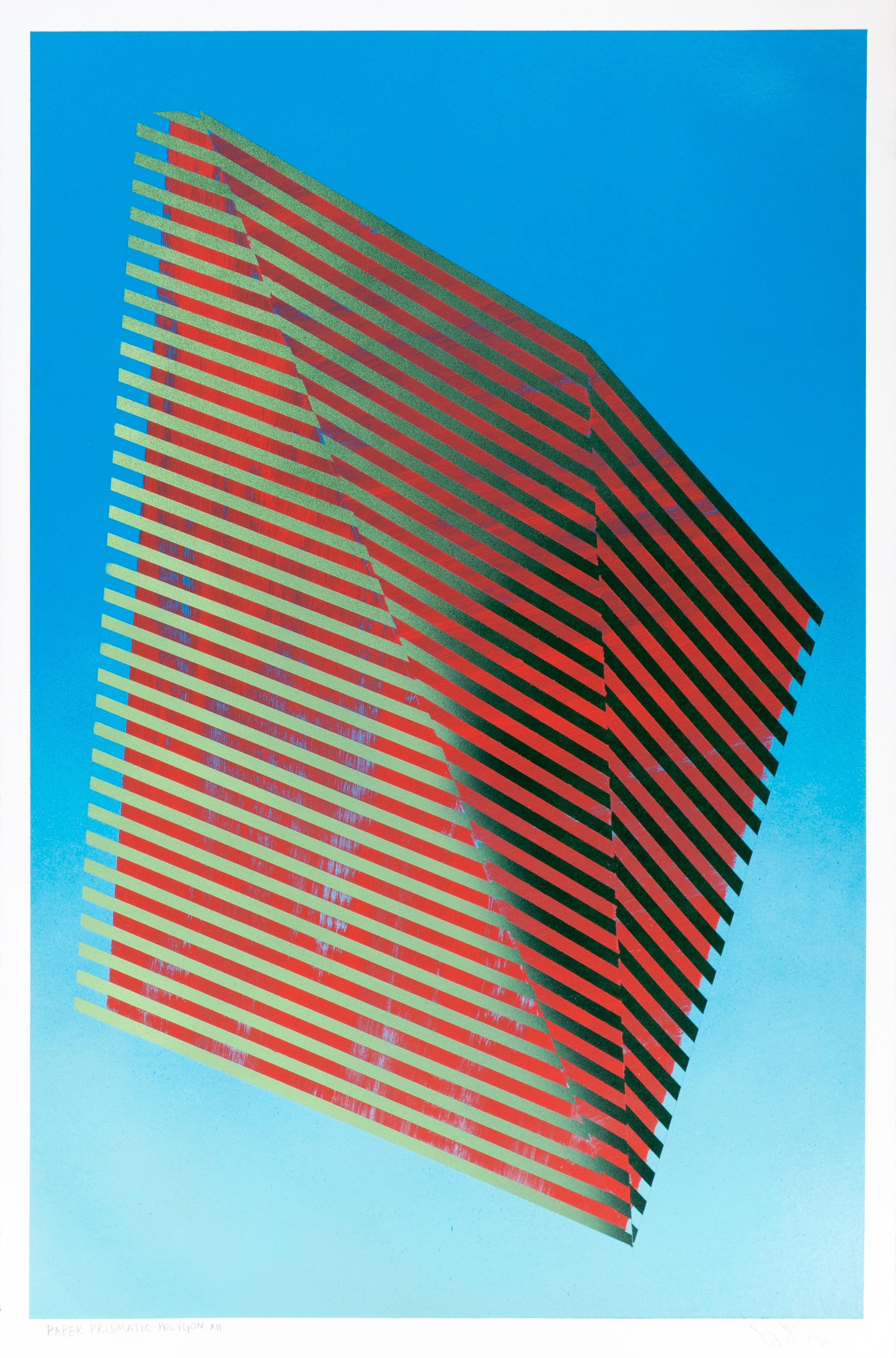 Polygone XII : peinture géométrique abstraite ; lignes bleu ciel, rouge, jaune