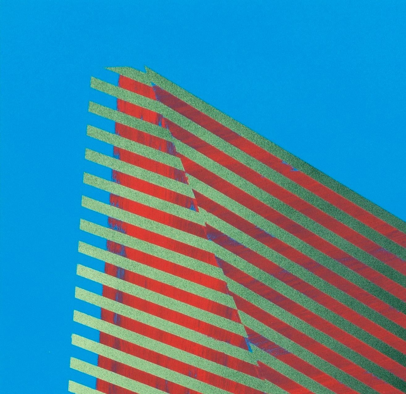 Prismatic Polygon XII: geometric abstract painting; sky blue, red, yellow lines - Painting by Jay Walker