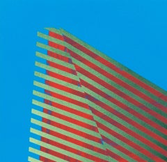 Prismatic Polygon XII: geometric abstract painting; sky blue, red, yellow lines