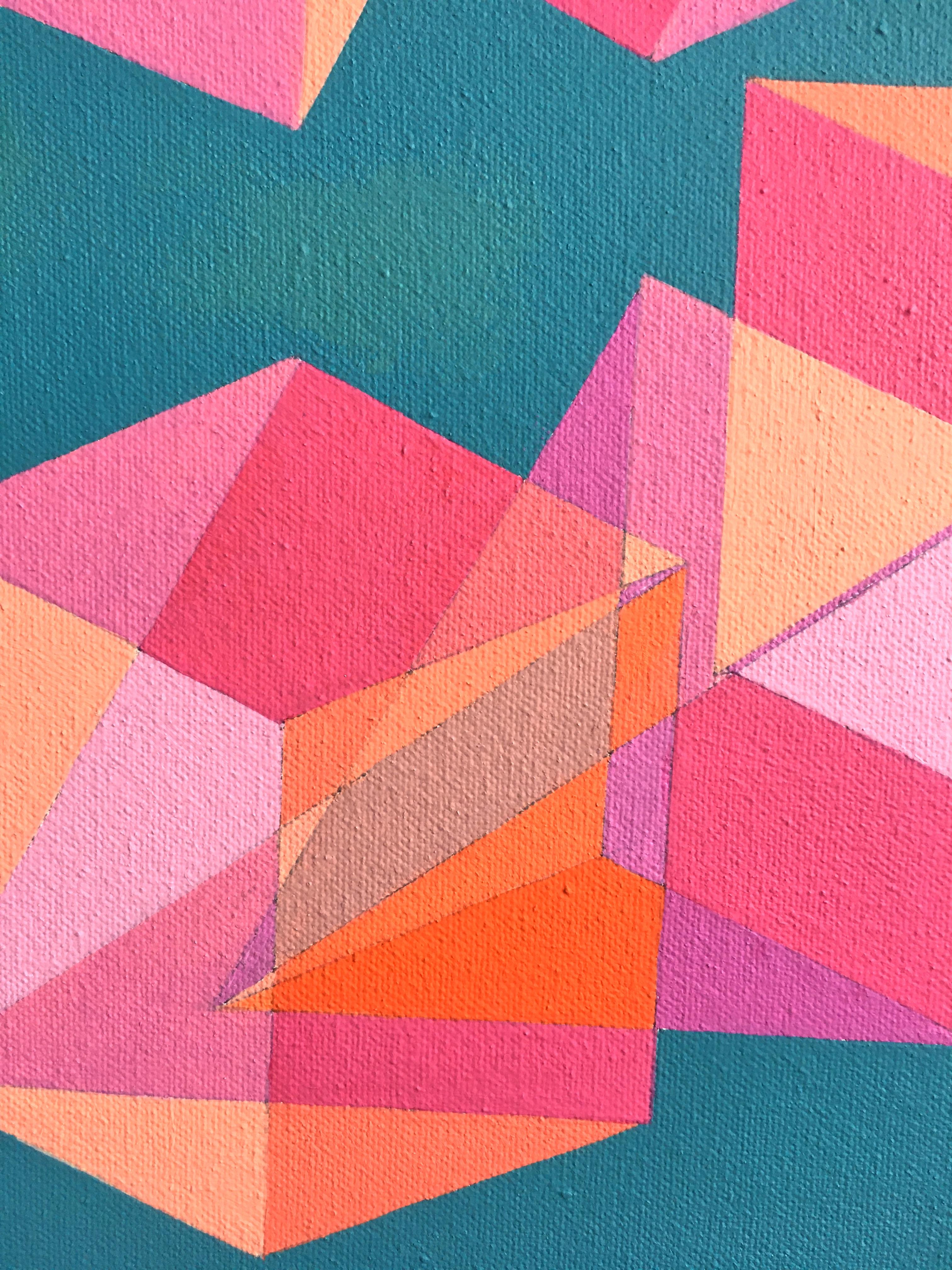 Cubes Divided Equally into Three #7: geometric abstract painting w/ blue & pink - Painting by Benjamin Weaver