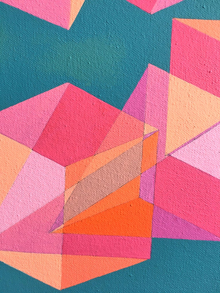 Cubes Divided Equally into Three: geometric abstract painting: blue pink orange - Painting by Benjamin Weaver