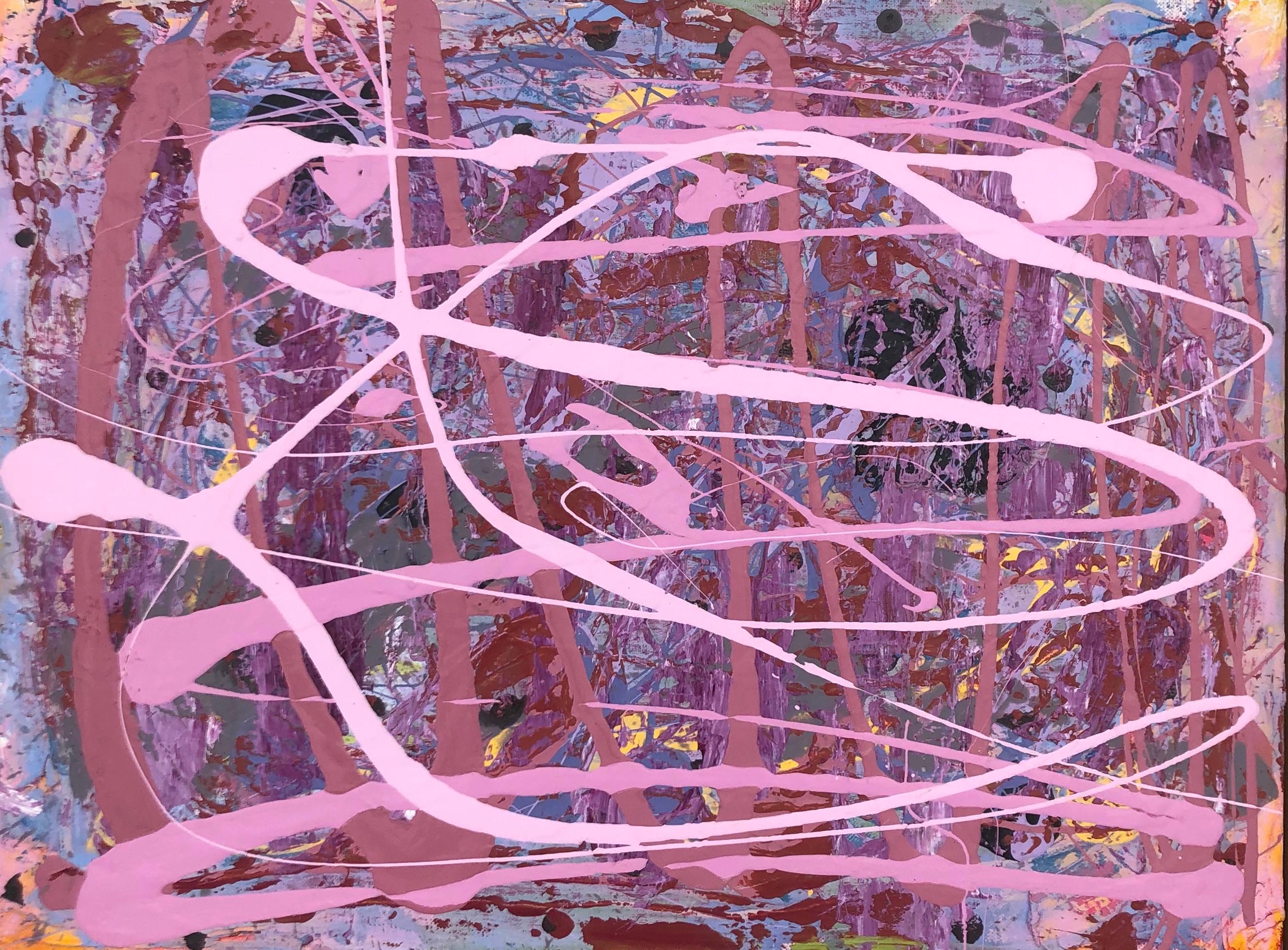 Dennis Alter Abstract Painting - Lunar Landing : contemporary abstract expressionism framed painting, pink & blue