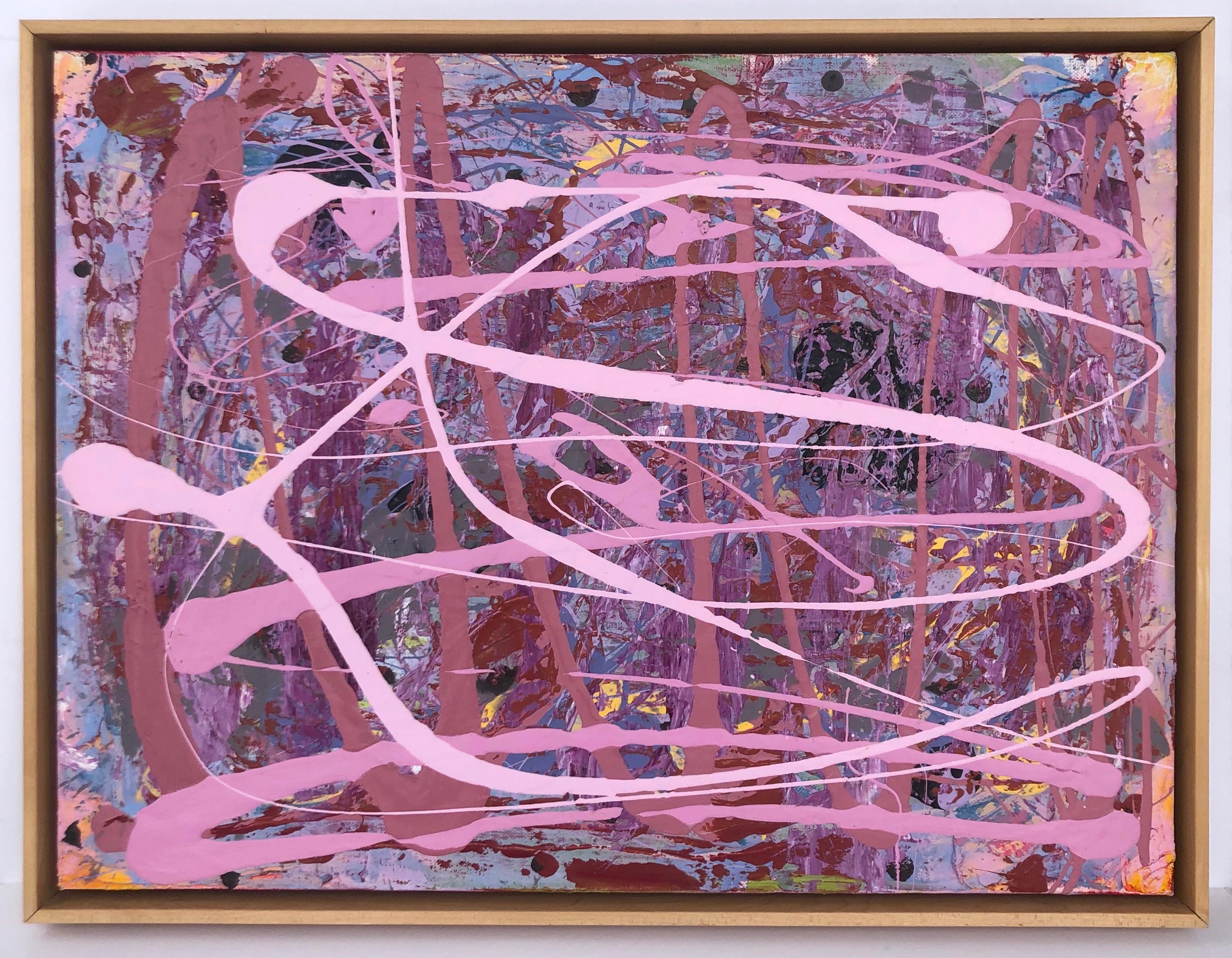 Lunar Landing : contemporary abstract expressionism framed painting, pink & blue - Painting by Dennis Alter