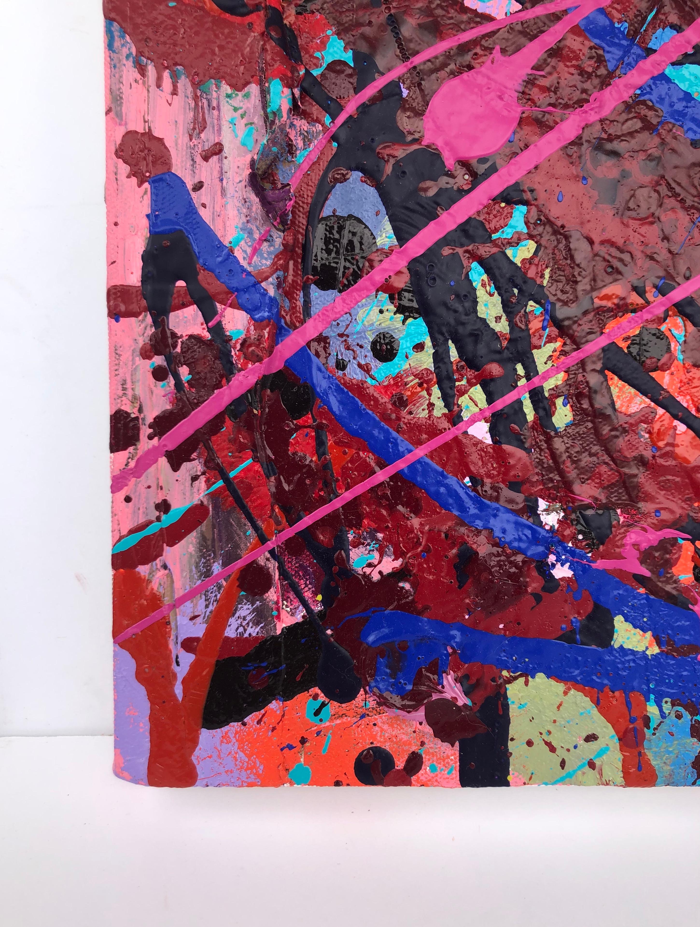 Jazz : expressionnisme abstrait contemporain, peinture à gouttes gestuelle en rose et bleu - Abstrait Painting par Dennis Alter