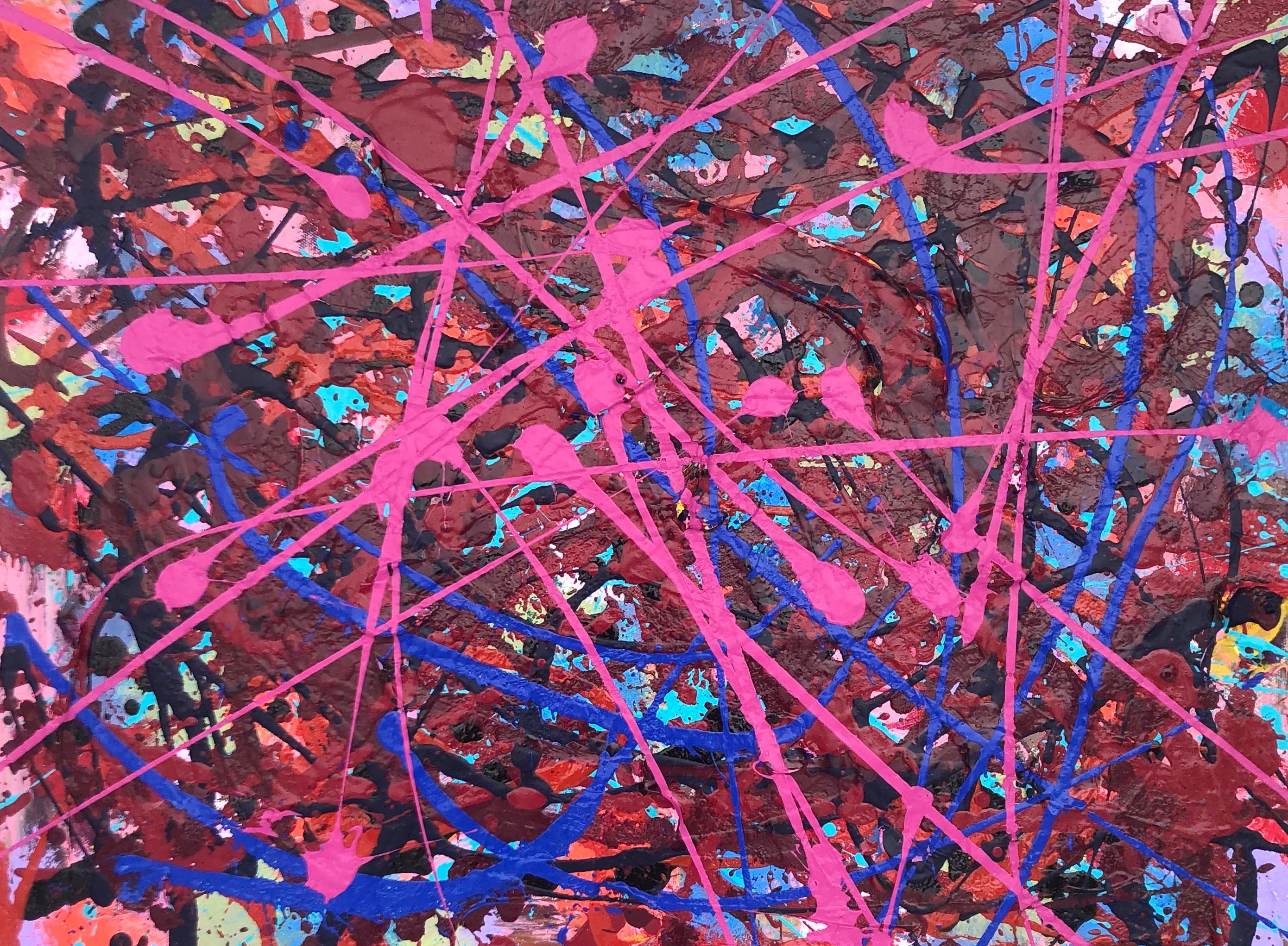 Abstract Painting Dennis Alter - Jazz : expressionnisme abstrait contemporain, peinture à gouttes gestuelle en rose et bleu