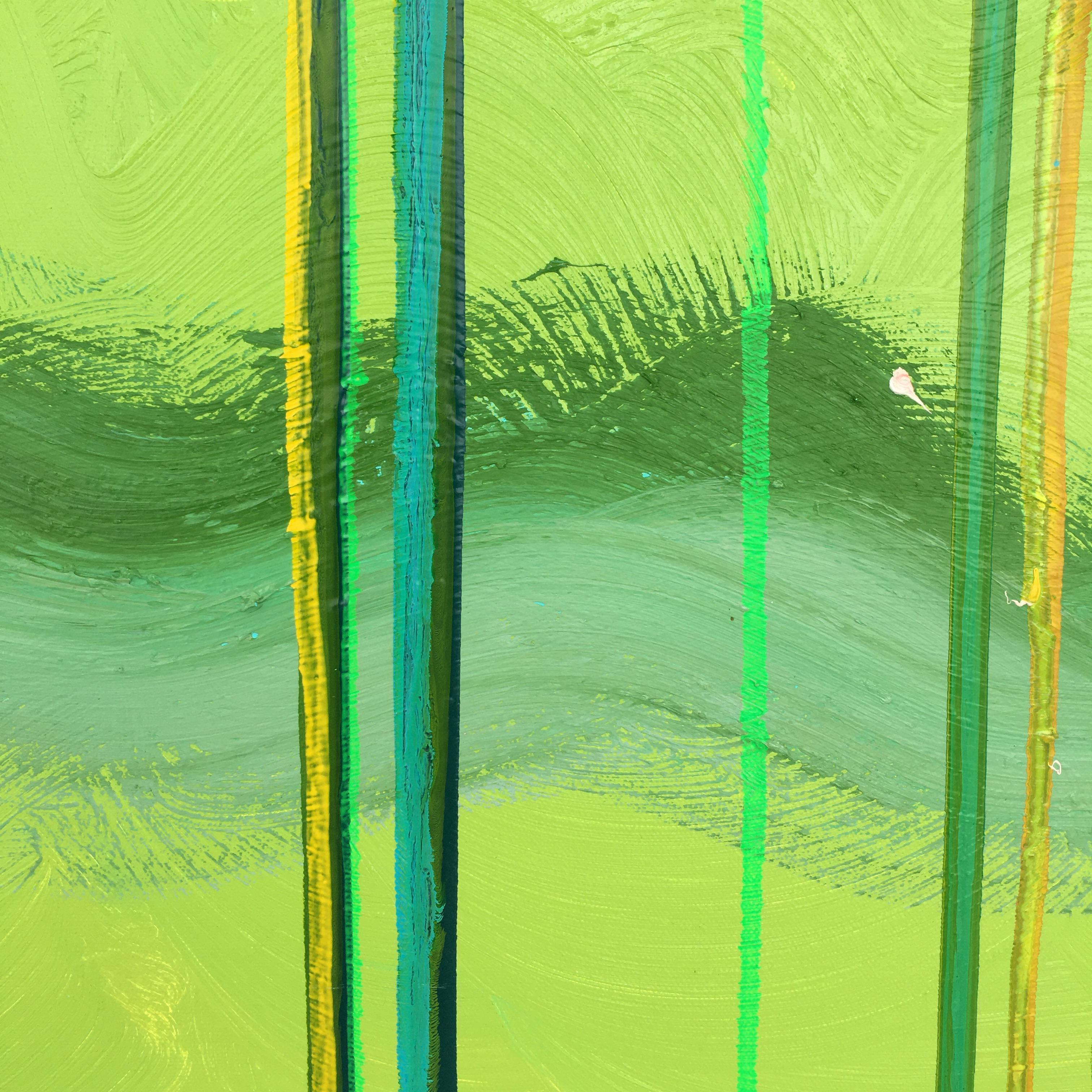 Forest Flood: abstract expressionism oil landscape in green with vertical lines - Painting by Dennis Alter