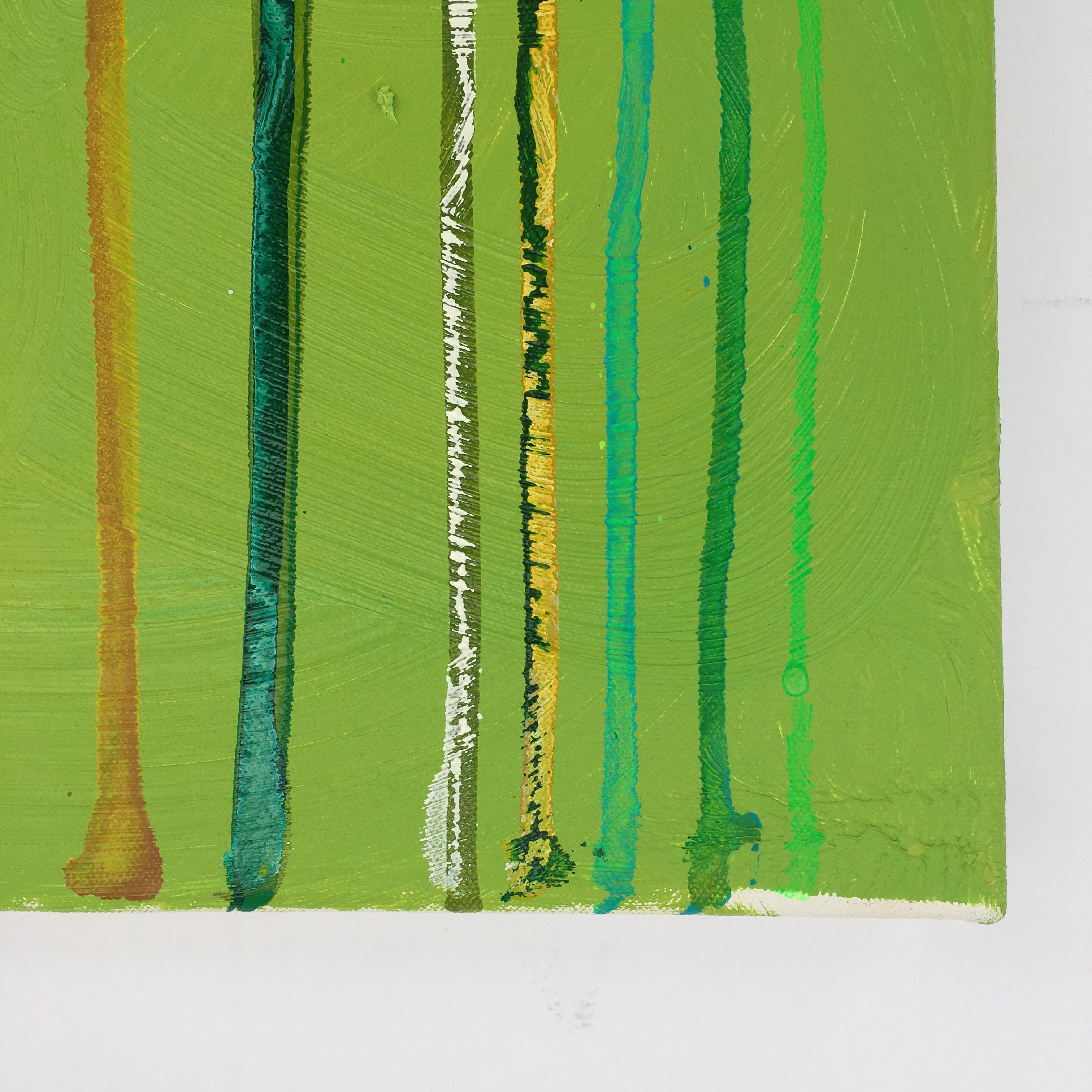 Forest Flood : paysage à l'huile expressionniste abstrait en vert avec lignes verticales - Vert Landscape Painting par Dennis Alter