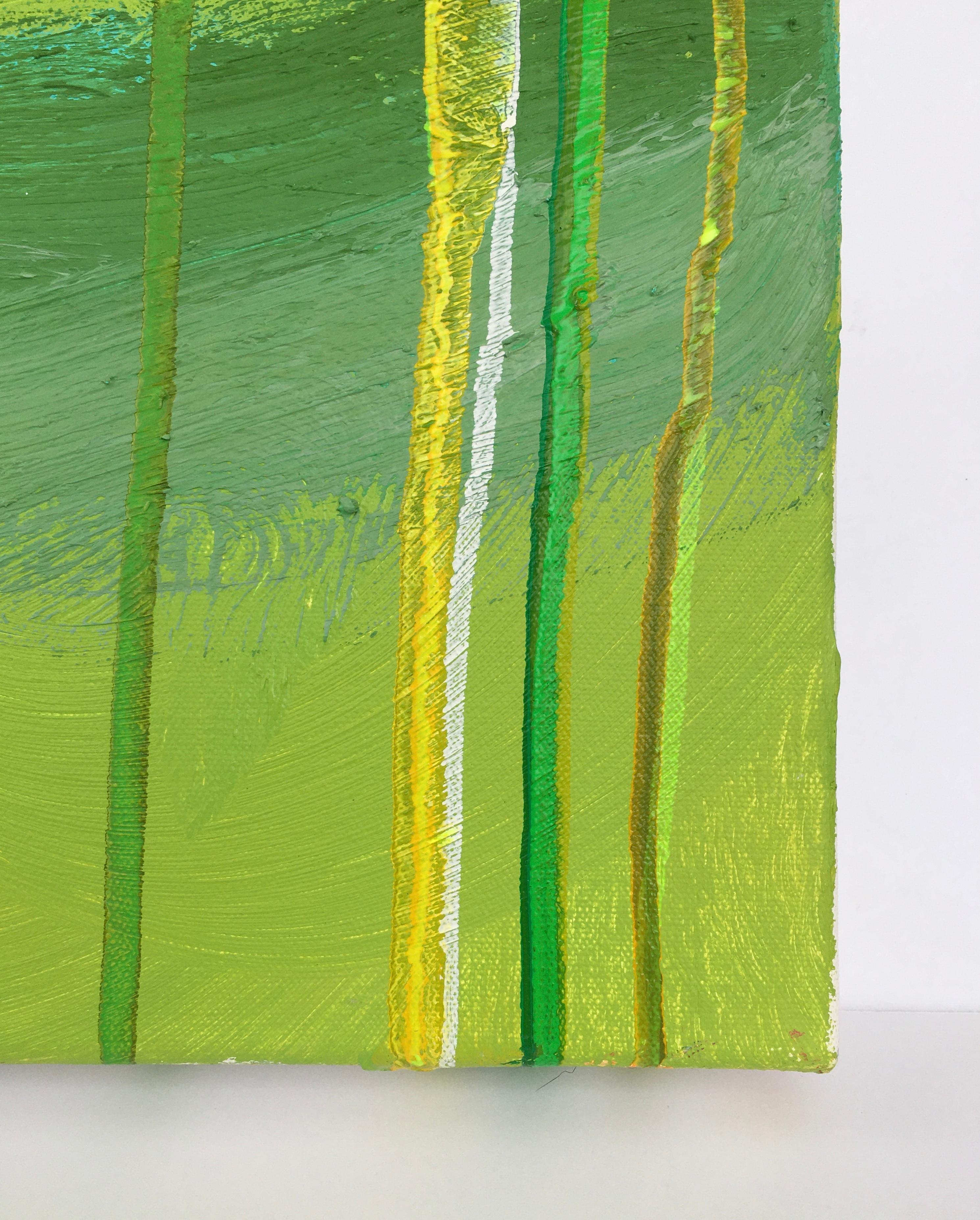 Forest Flood : paysage à l'huile expressionniste abstrait en vert avec lignes verticales - Abstrait Painting par Dennis Alter