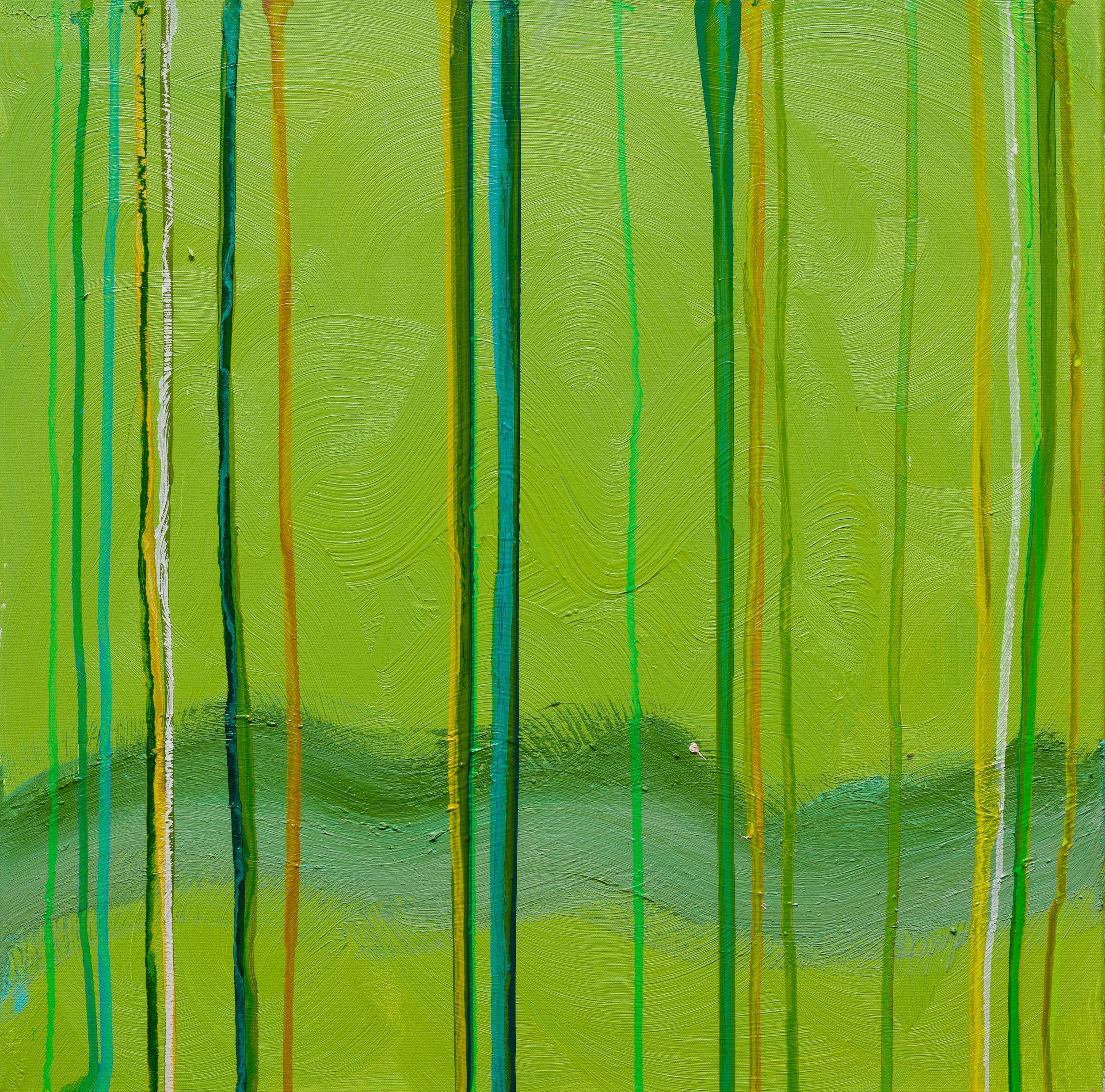 Landscape Painting Dennis Alter - Forest Flood : paysage à l'huile expressionniste abstrait en vert avec lignes verticales