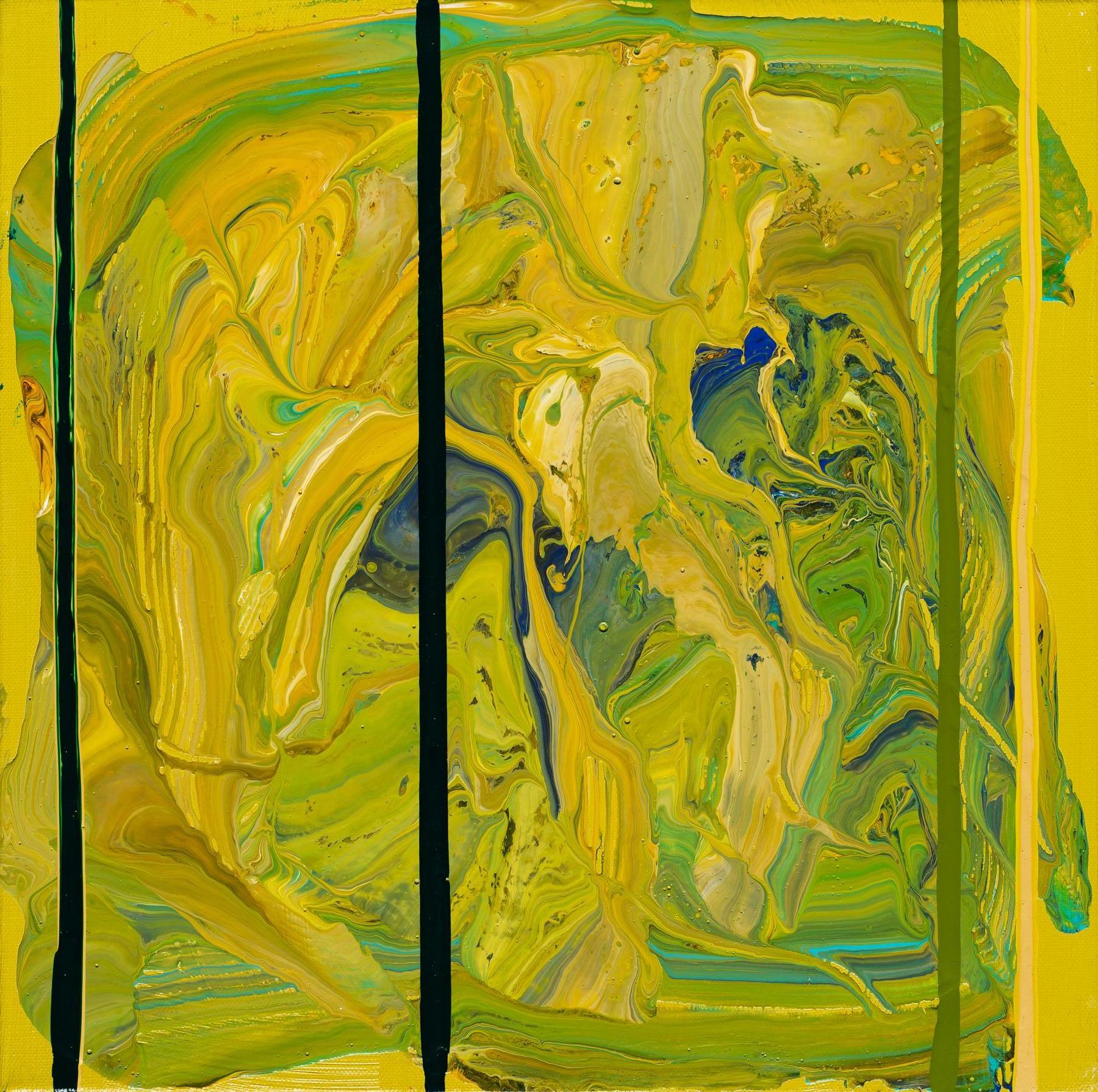 Abstract Painting Dennis Alter - Moss Hope - peinture à l'huile abstraite contemporaine en vert avec jaune et bleu