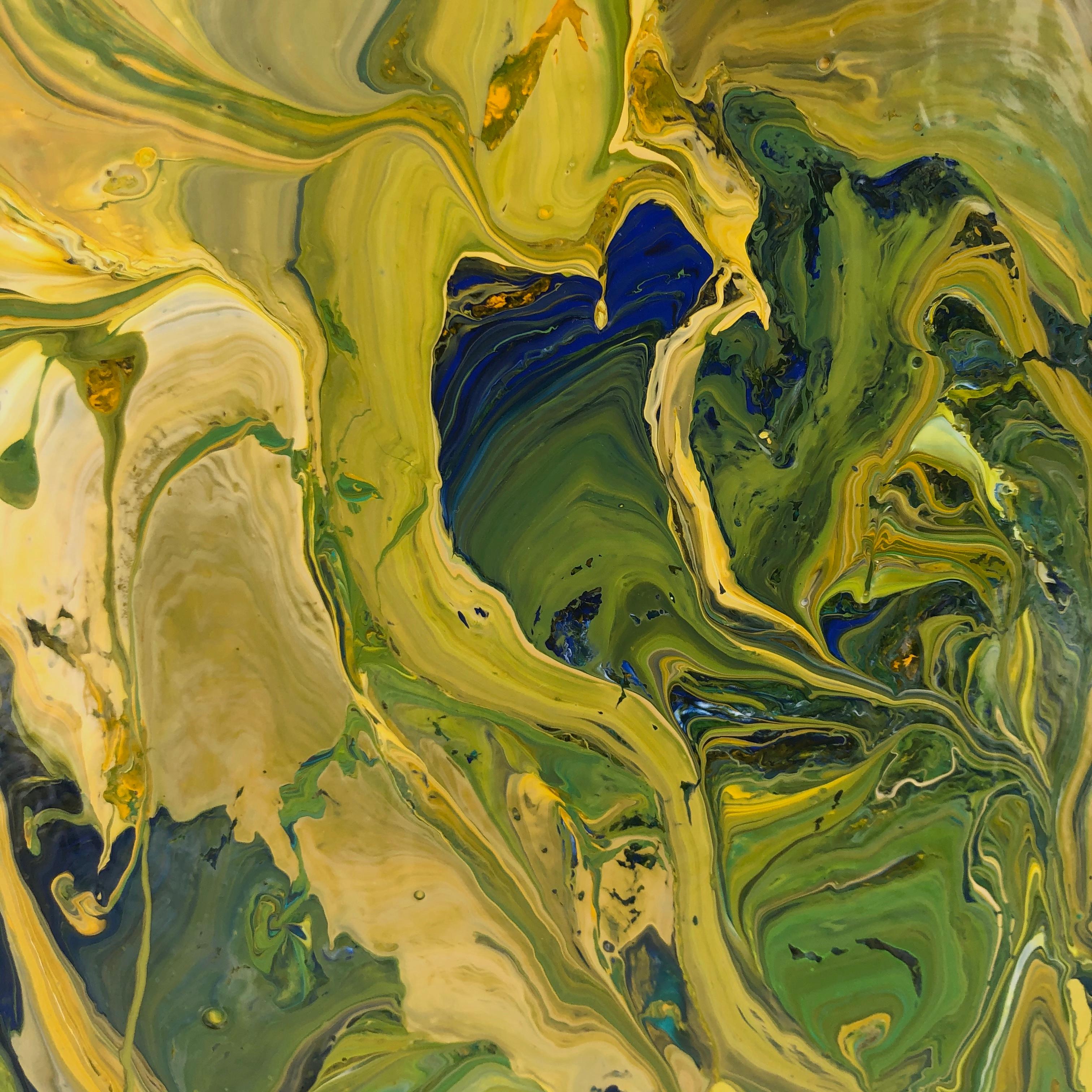 Moss Hope - contemporary abstract oil painting in green with yellow & blue - Painting by Dennis Alter