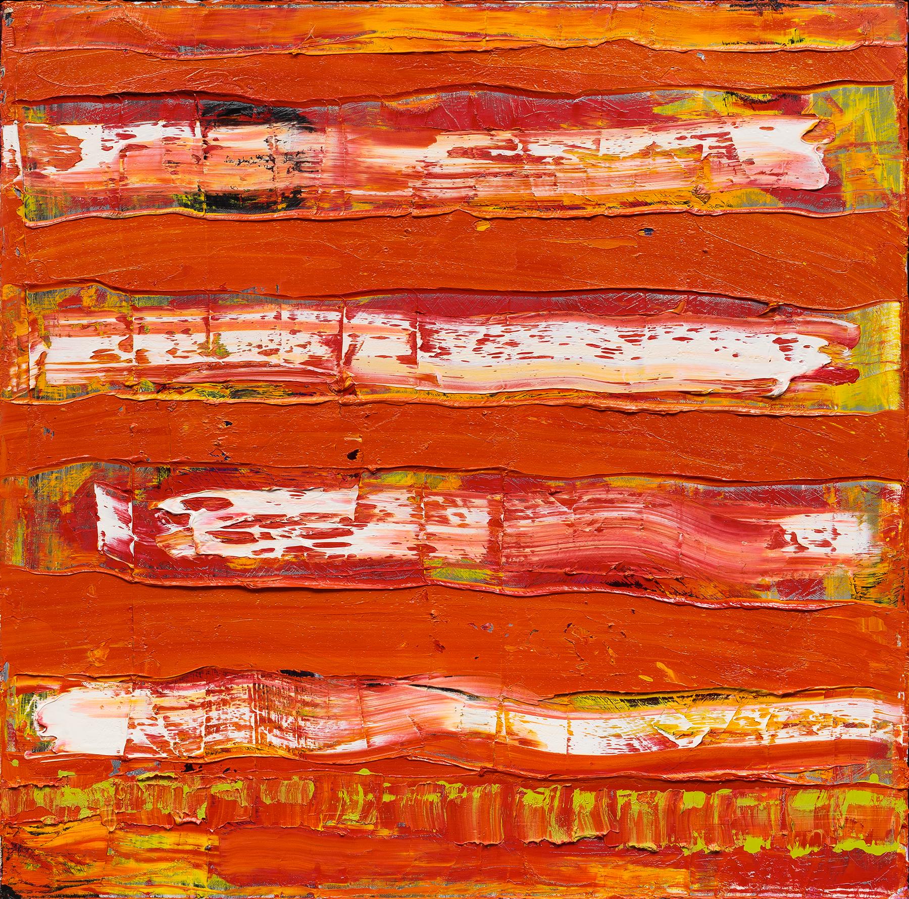Dennis Alter Abstract Painting - Tension: abstract expressionism oil painting w/ texture, red & white stripes