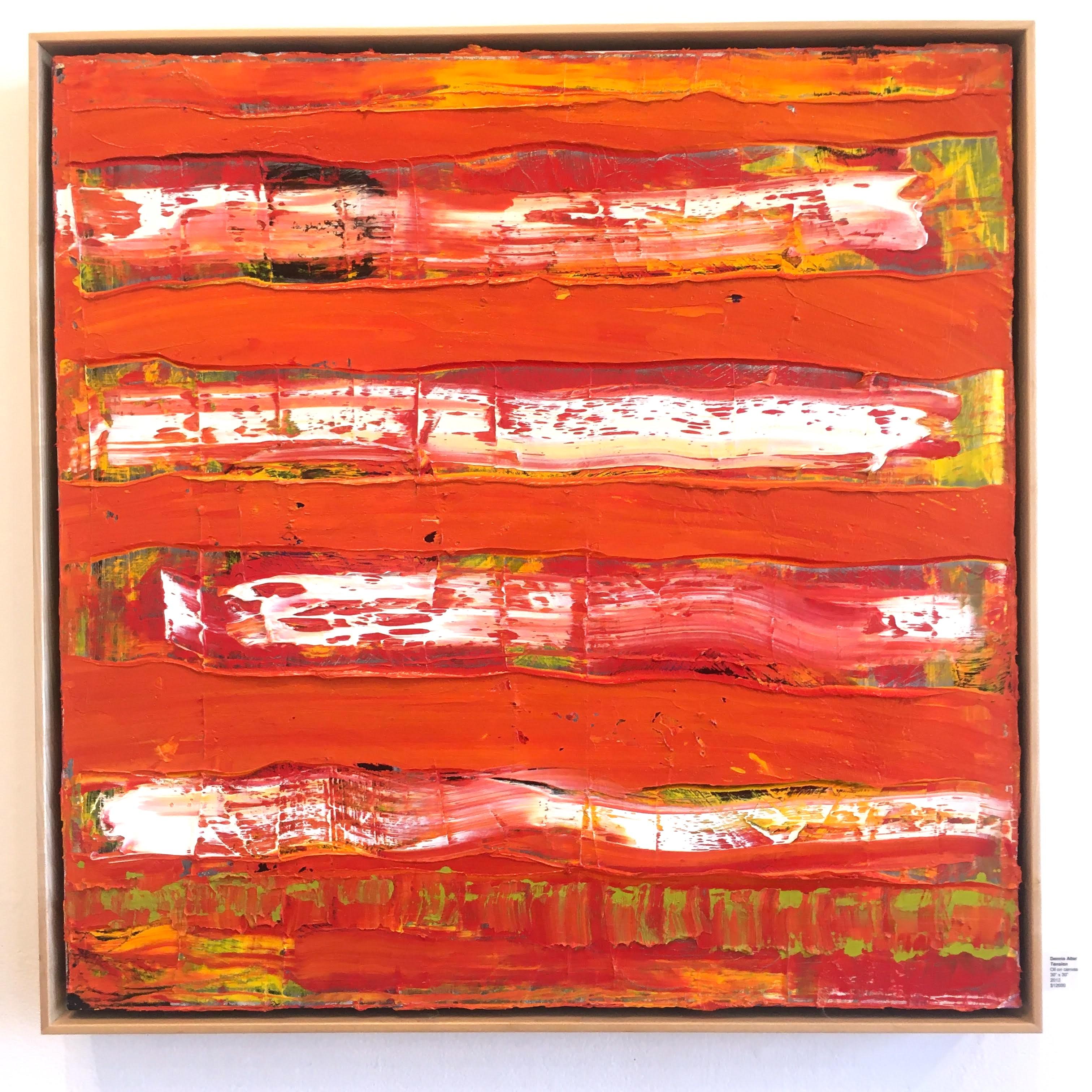 Tension: abstract expressionism oil painting w/ texture, red & white stripes - Painting by Dennis Alter