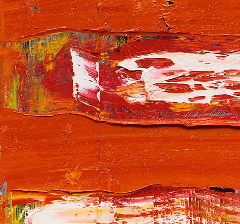 Tension: abstract expressionism oil painting w/ texture, red & white stripes - Abstract Painting by Dennis Alter
