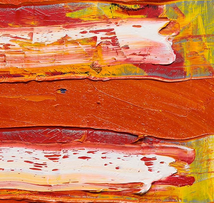Tension: abstract expressionism oil painting w/ texture, red & white stripes - Red Abstract Painting by Dennis Alter