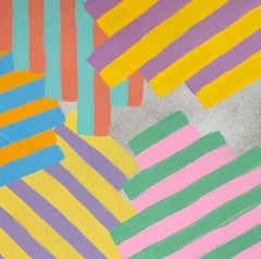 Inner Space #8: geometric abstract painting; yellow, red, pink, blue & gray