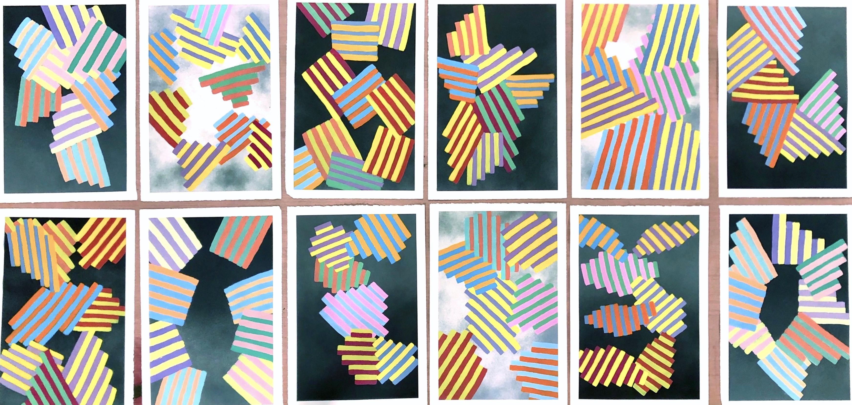 Inner Space #9: Geometrisches abstraktes Gemälde; gelb, rot, blau, grün und grau (Grau), Abstract Drawing, von Jay Walker