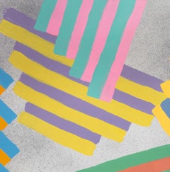 Inner Space #9: geometric abstract painting; yellow, red, blue, green & gray