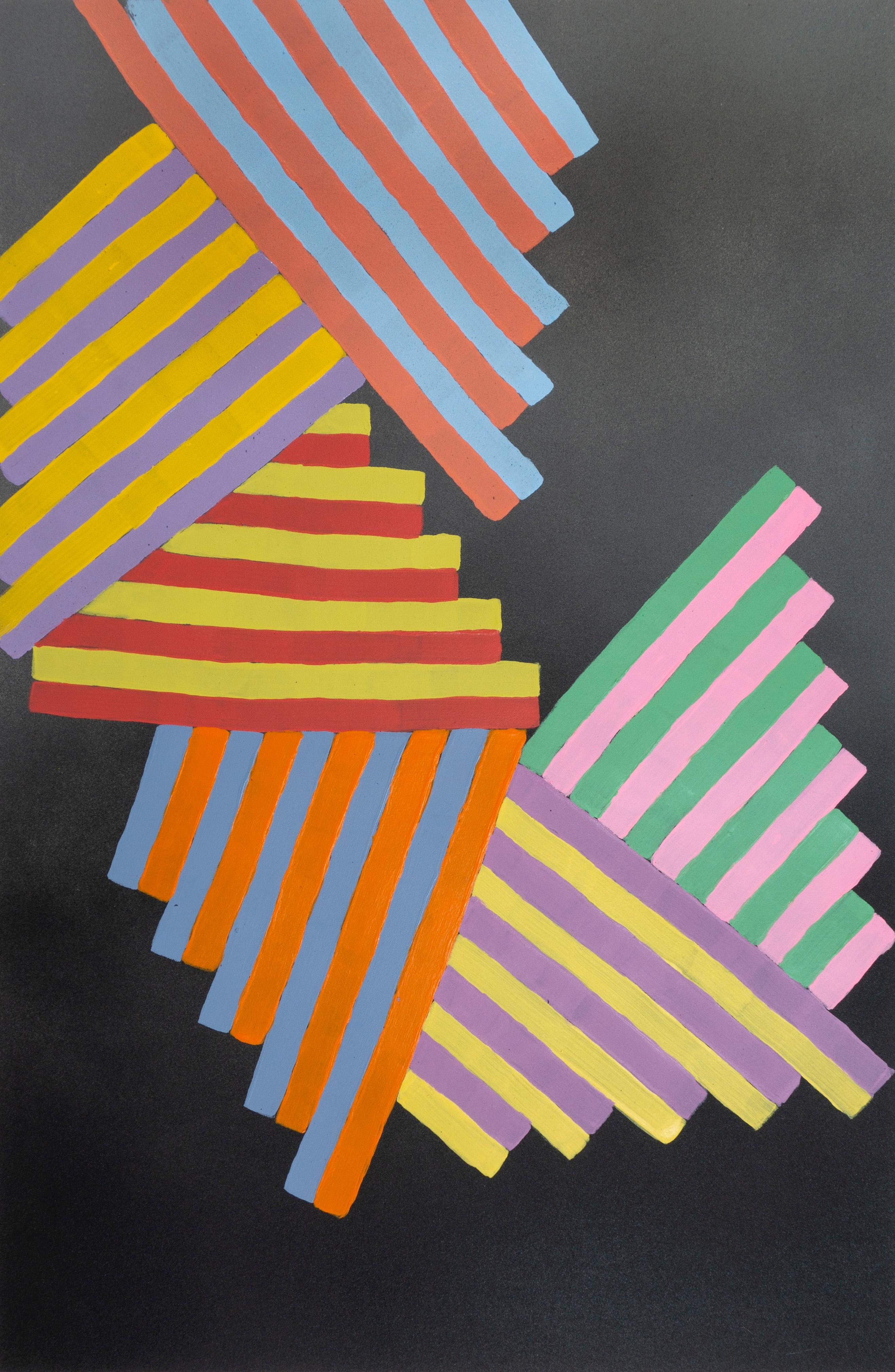 Abstract Painting Jay Walker - Intérieur Space n°12 : peinture géométrique abstraite sur papier ; bleu, jaune, rouge et noir