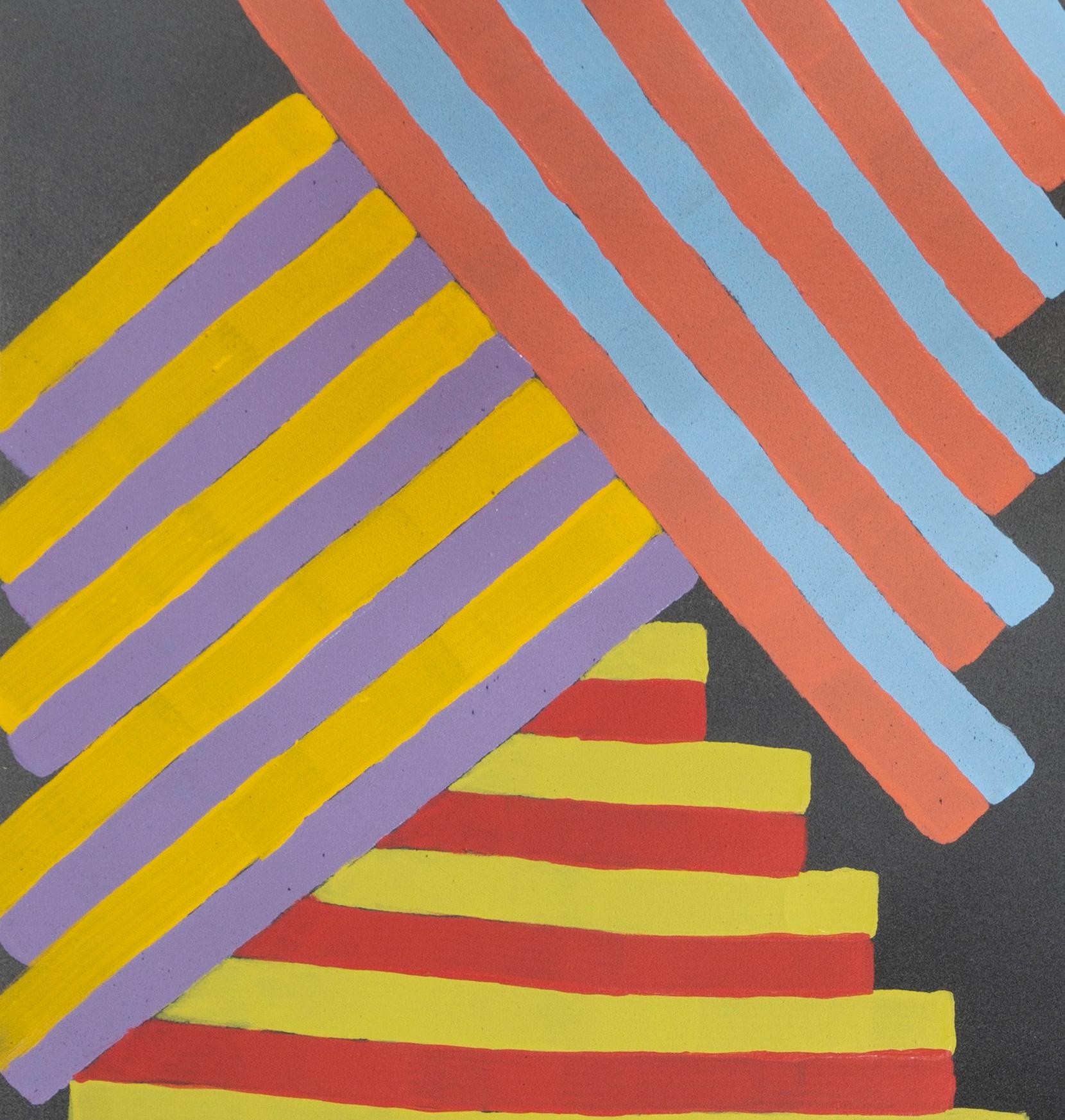 Intérieur Space n°12 : peinture géométrique abstraite sur papier ; bleu, jaune, rouge et noir - Abstrait Painting par Jay Walker