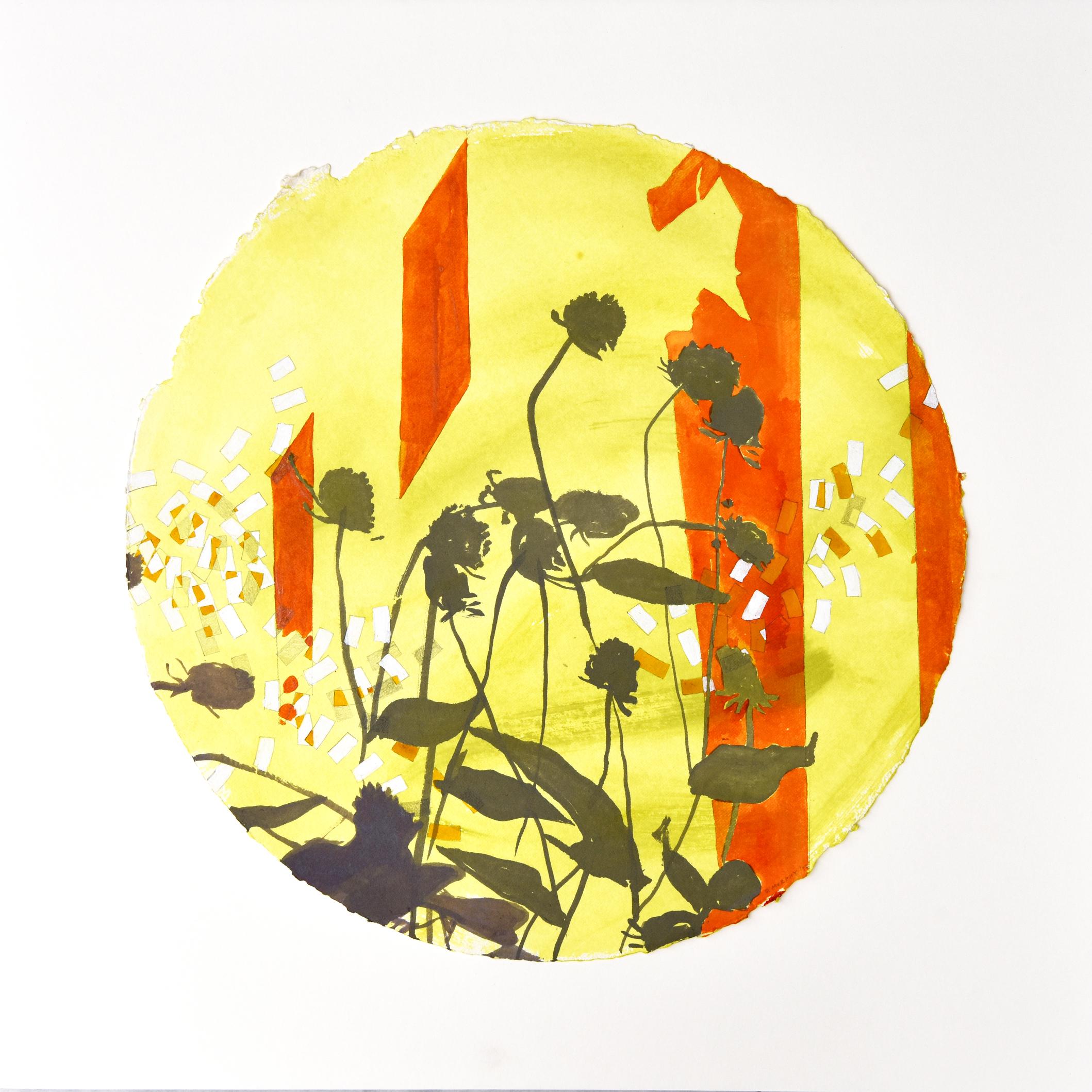 Deirdre Murphy Landscape Art - Pollinator: contemporary abstract round painting with flowers, framed square