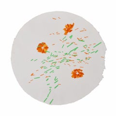 Cosmos Migration: contemporary abstract round painting w/ flowers, framed square