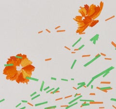 Cosmos Migration: contemporary abstract round painting w/ flowers, framed square