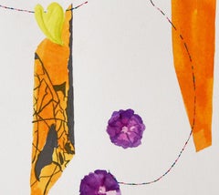 Beeline: contemporary abstract round painting w/ purple flowers, framed square