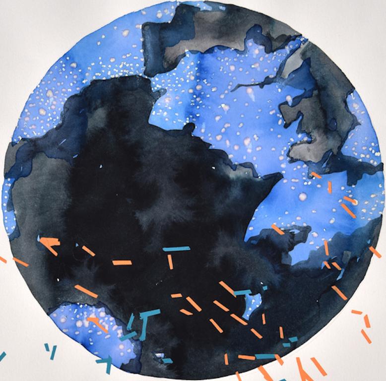 England Light Pollution Map: contemporary abstract painting w/ blue earth globe - Painting by Deirdre Murphy