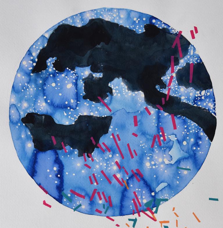 Europe Light Pollution Map: contemporary abstract painting w/ blue earth globe - Painting by Deirdre Murphy