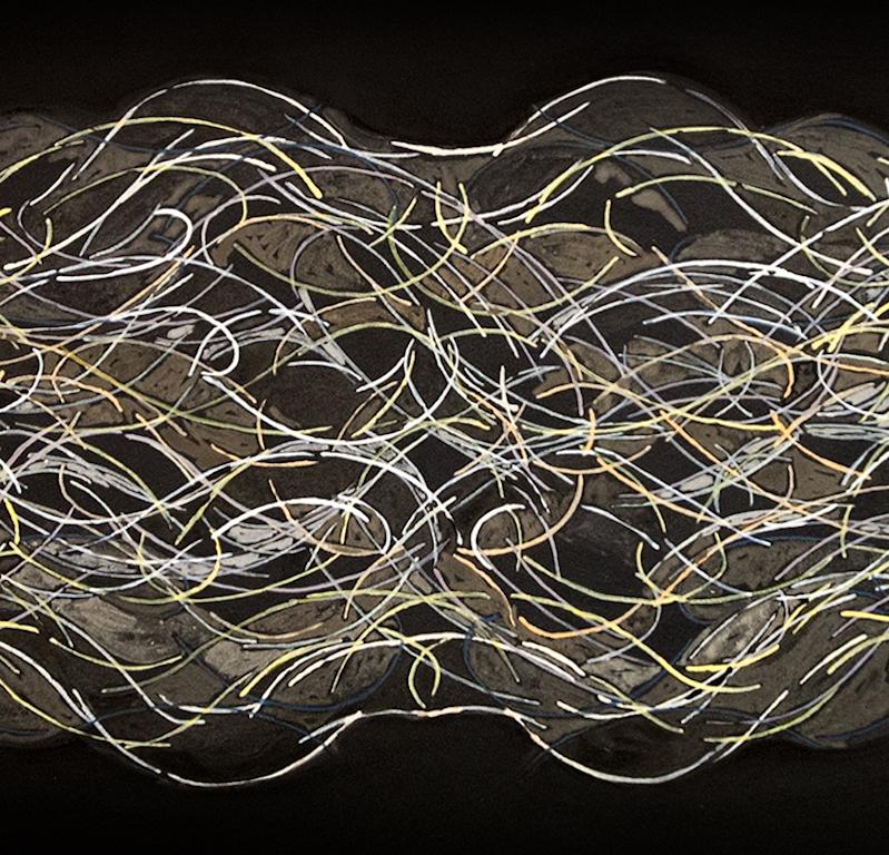Tombolo I: abstract painting/drawing on black paper mounted on panel, from Italy - Painting by Nancy Agati