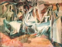 Mexican Mural: mid-century modern framed watercolor, figures in a landscape
