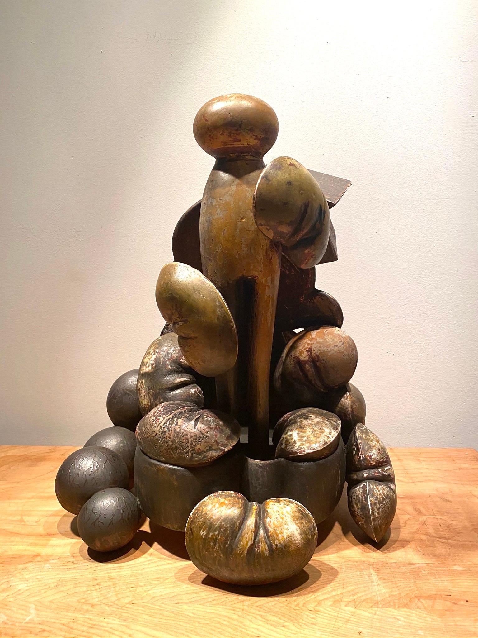 Mother Pin Provides: ceramic sculpture w/ figure, female profile, beans & house - Sculpture by Syd Carpenter