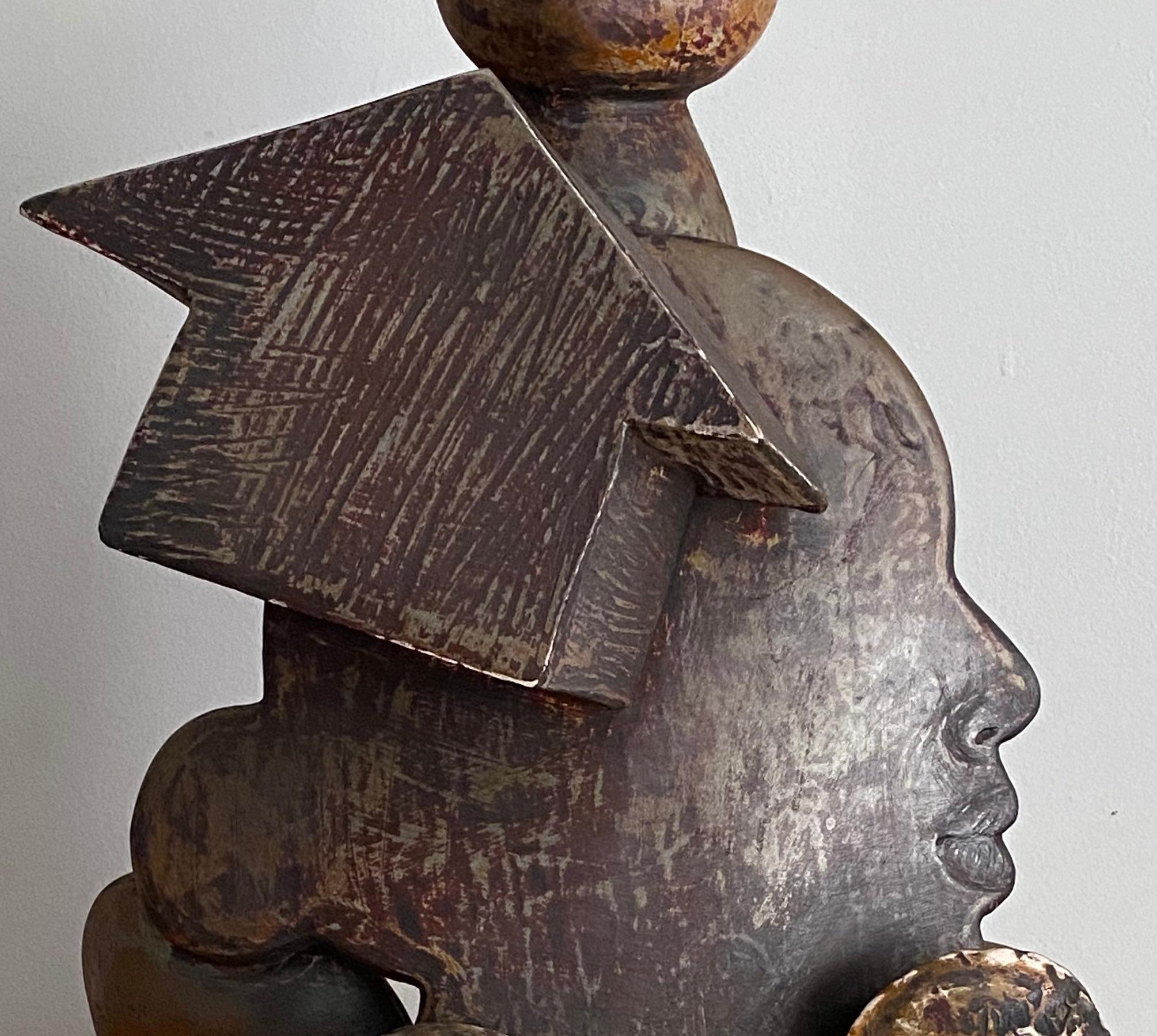 Mother Pin Provides: ceramic sculpture w/ figure, female profile, beans & house - Abstract Sculpture by Syd Carpenter