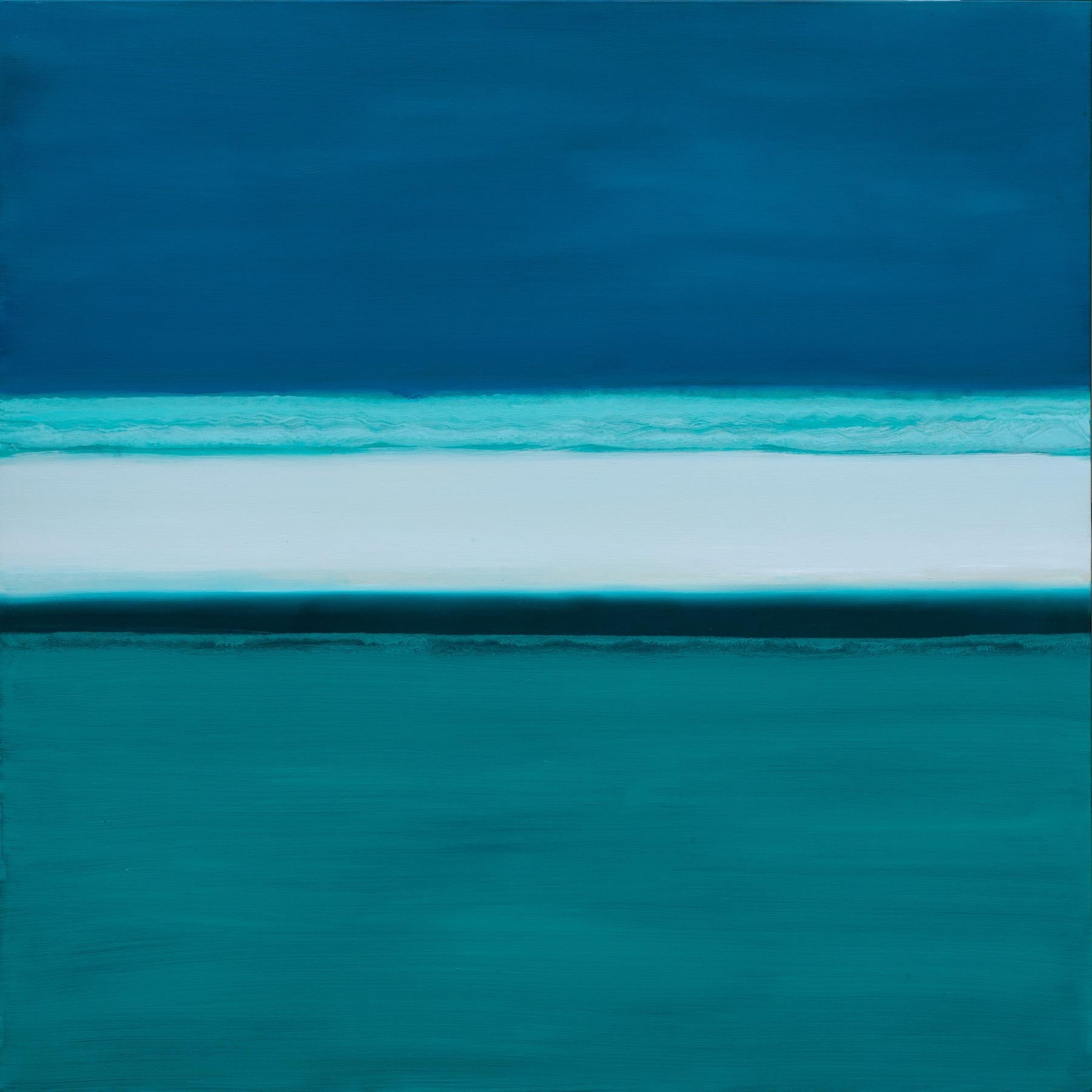 Abstract Painting Joseph McAleer - Peinture géométrique abstraite « River of Dreams » avec eau verte et ciel bleu