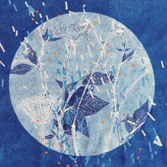 Winter Solstice I: abstract monotype print & painting on paper in shades of blue