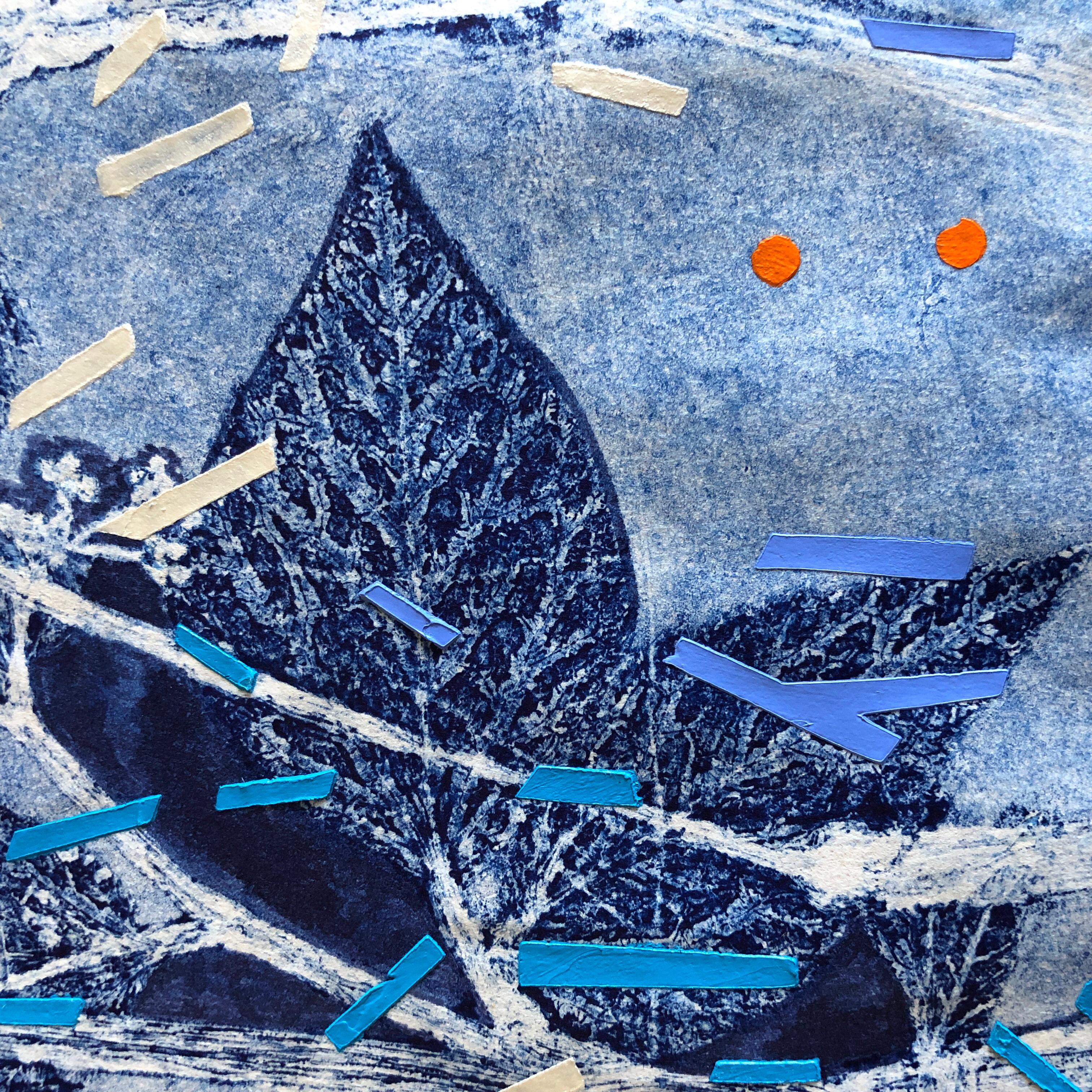 Winter Solstice I: abstract monotype print & painting on paper in shades of blue - Abstract Print by Agathe Bouton & Deirdre Murphy