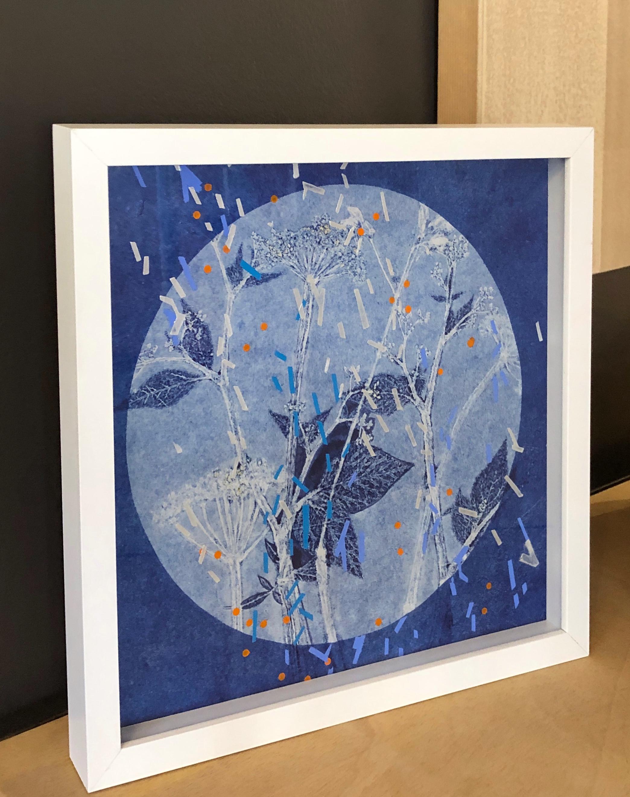Winter Solstice I: abstract monotype print & painting on paper in shades of blue - Blue Abstract Print by Agathe Bouton & Deirdre Murphy