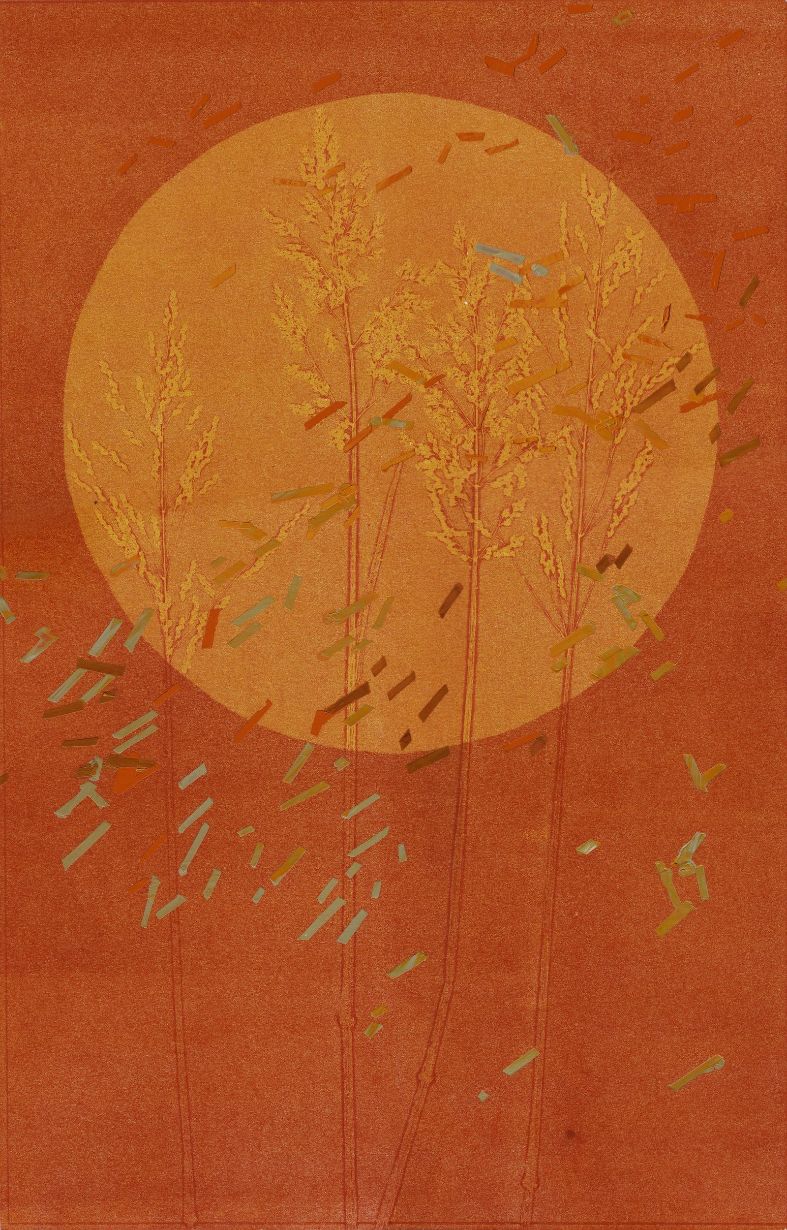 Autumn Equinox I: abstract monotype print & painting on paper in orange & red