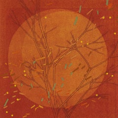 Equinozio d'autunno III: stampa monotipo astratta e pittura su carta in arancione e rosso