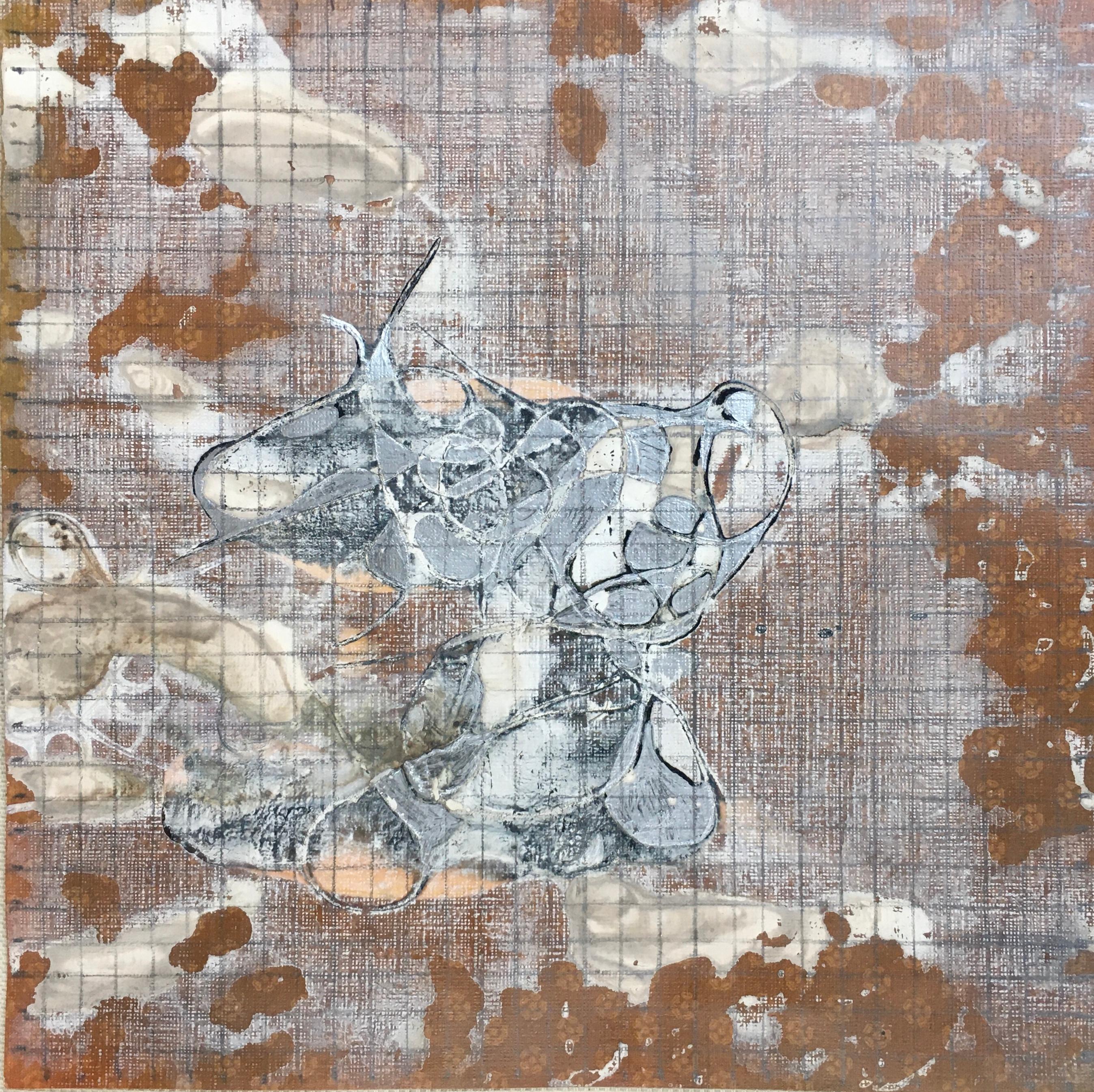 Trinidad II: contemporary abstract painting /drawing on paper, rust w/ metallic 2